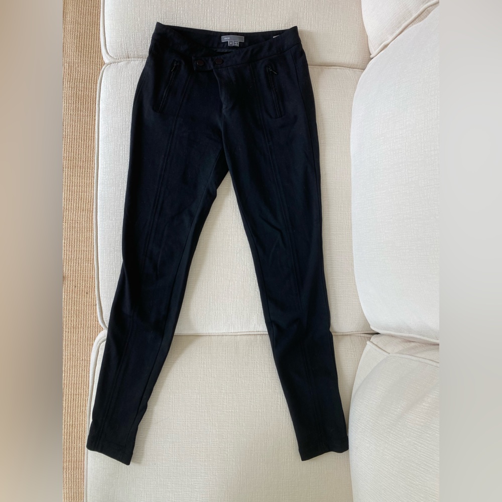 Vince black work leggings with stitch front and clasp closure